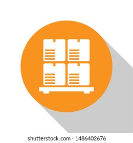 White Cardboard boxes on pallet icon isolated on white background. Closed carton delivery packaging box with fragile signs. Orange circle button. Vector Illustration