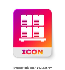 White Cardboard boxes on pallet icon isolated on white background. Closed carton delivery packaging box with fragile signs. Rectangle color button. Vector Illustration
