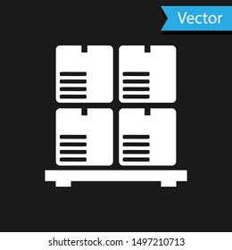 White Cardboard boxes on pallet icon isolated on black background. Closed carton delivery packaging box with fragile signs.  Vector Illustration