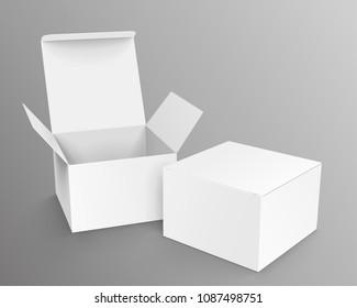 White cardboard boxes template in 3d illustration on grey background