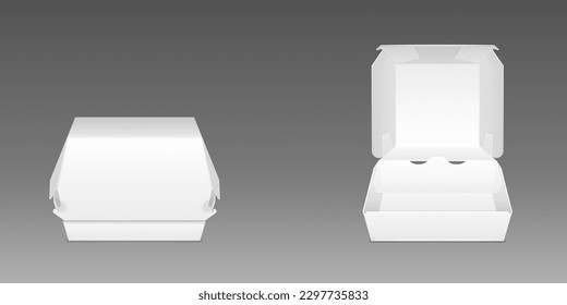 White cardboard burger box, realistic vector illustration. Paper takeaway blank package for fast food, lunch container template, open and closed mock up, front view isolated on gray background