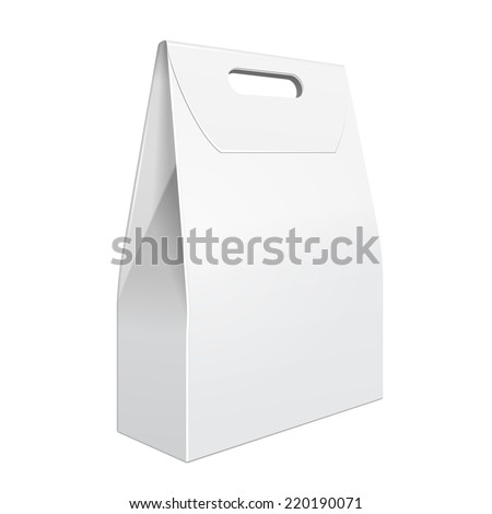 White Cardboard Carry Box Bag Packaging With Handles For Food, Gift Or Other Products. On White Background Isolated. Ready For Your Design. Product Packing Vector EPS10
