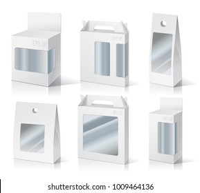 White Cardboard Carry Box Packaging For Food, Gift Or Other Products With Window. Illustration Isolated On White Background. Mock Up Template. Product Packing Vector
