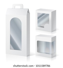 White Cardboard Carry Box Packaging For Food, Gift Or Other Products With Window. Illustration Isolated On White Background. Mock Up Template. Product Packing Vector