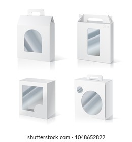 White Cardboard Carry Box Packaging For Food, Gift Or Other Products With Window. Illustration Isolated On White Background. Mock Up Template Ready For Your Design. Product Packing Vector