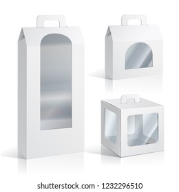 White Cardboard Carry Box Packaging For Food, Gift Or Other Products With Window. Illustration Isolated On White Background. Mock Up Template Ready For Your Design. Product Packing Vector