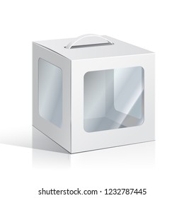 White Cardboard Carry Box Packaging For Food, Gift Or Other Products With Window. Illustration Isolated On White Background. Mock Up Template Ready For Your Design. Product Packing Vector