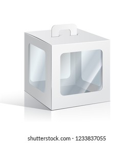 White Cardboard Carry Box Packaging For Food, Gift Or Other Products With Window. Illustration Isolated On White Background. Mock Up Template Ready For Your Design. Product Packing Vector