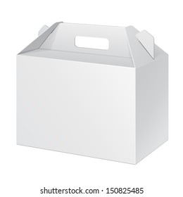 White Cardboard Carry Box Packaging For Food, Gift Or Other Products. On White Background Isolated. Ready For Your Design. Product Packing Vector EPS10 