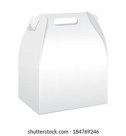 White Cardboard Carry Box Packaging For Food, Gift Or Other Products. On White Background Isolated. Ready For Your Design. Product Packing Vector EPS10