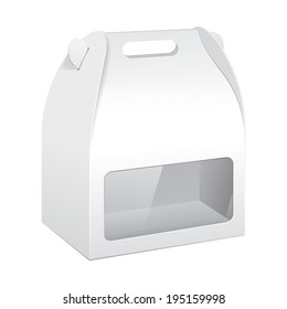 White Cardboard Carry Box Packaging For Food, Gift Or Other Products With Window. On White Background Isolated. Ready For Your Design. Product Packing Vector EPS10
