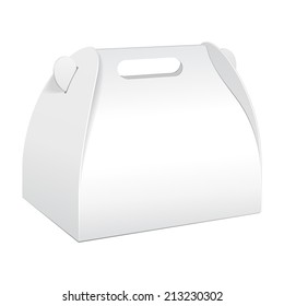 White Cardboard Carry Box Packaging For Food, Gift Or Other Products. On White Background Isolated. Ready For Your Design. Product Packing Vector EPS10