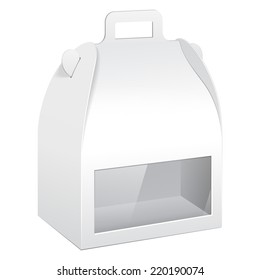 White Cardboard Carry Box Packaging For Food, Gift Or Other Products With Window. On White Background Isolated. Ready For Your Design. Product Packing Vector EPS10