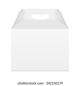 White Cardboard Carry Box Packaging For Toy, Electronics, Gift Or Other Products. Illustration Isolated On White Background. Front View. Mock Up Template Ready For Your Design. Packing Vector EPS10