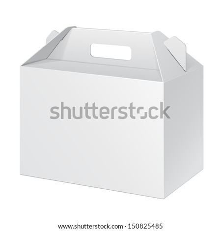 White Cardboard Carry Box Packaging For Food, Gift Or Other Products. On White Background Isolated. Ready For Your Design. Product Packing Vector EPS10 