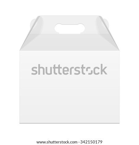 White Cardboard Carry Box Packaging For Toy, Electronics, Gift Or Other Products. Illustration Isolated On White Background. Front View. Mock Up Template Ready For Your Design. Packing Vector EPS10