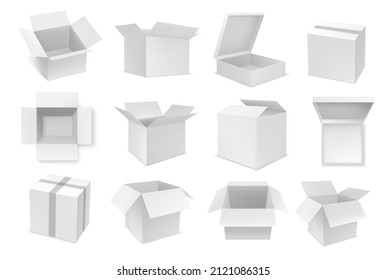 White cardboard, carton and paper box package vector mockups. Isolated realistic delivery boxes, open and closed packs, blank parcels and empty containers with lids, 3d square and rectangular boxes