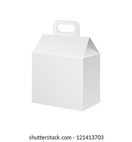White Cardboard Carton Product Gift Box With Handle. Illustration Isolated On White Background. Vector EPS10