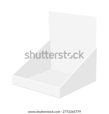 White cardboard counter display box with back panel, empty retail stand isolated on white background, mockup for product promotion, POS display and store presentation