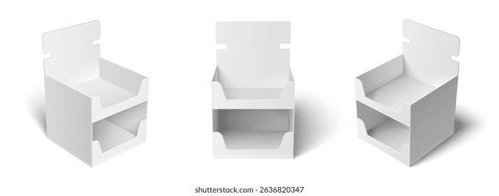 White cardboard display stands, risers in various angles. Blank pos poi mockups. Empty product shelf, platform or stage for retail showcasing and advertising. 3d paper countertop presentation booth.