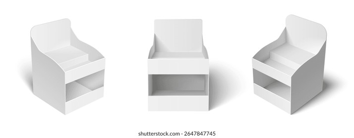 Suportes de exposição de papelão branco, risers em vários ângulos. Mockups de pói em branco. Prateleira, plataforma ou palco vazio do produto para a exibição de varejo e publicidade. cabine de apresentação de bancada de papel 3d.