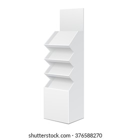 White Cardboard Floor Display Rack For Supermarket Blank Empty Displays With Shelves Products On White Background Isolated. Ready For Your Design. Product Packing. Vector EPS10 