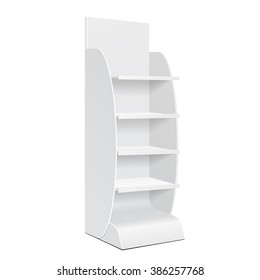 White Cardboard Floor Display Rack For Supermarket Blank Empty Displays With Shelves Products Mock Up On White Background Isolated. Ready For Your Design. Product Packing. Vector EPS10