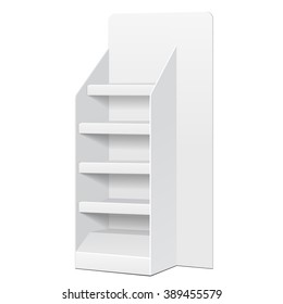White Cardboard Floor Display Rack For Supermarket Blank Empty Displays With Shelves And Banner Products Mock Up On White Background Isolated. Ready For Your Design. Product Packing. Vector EPS10