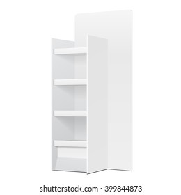 White Cardboard Floor Display Rack For Supermarket Blank Empty Displays With Shelves And Banner Products Mock Up On White Background Isolated. Ready For Your Design. Product Packing. Vector EPS10