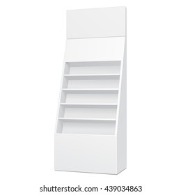 White Cardboard Floor Display Rack For Supermarket Blank Empty Displays With Shelves Mock Up. Illustration Isolated On White Background. Ready For Your Design. Product Presentation. Vector