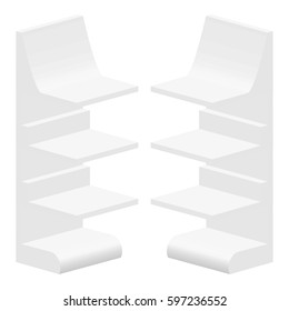 White Cardboard Floor Display Rack For Supermarket Blank Empty Displays With Shelves Products Mock Up. Illustration Isolated On White Background. Ready For Your Design. Product Packing. Vector EPS10