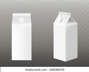 White cardboard pack for milk or juice with cap front and side view. Vector mockup of realistic blank gable top package boxes of drink, beverage isolated on transparent background