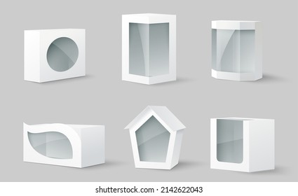 White cardboard package box with transparent window set. Realistic vector 3d paper gift pack or carton container ready for branding design