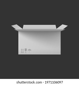 White cardboard packaging box mockup with package delivery icons isolated on black background. Realistic open shipping container from side view, vector illustration.
