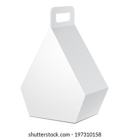 White Cardboard Pentagonal Carry Box Bag Packaging For Food, Gift Or Other Products. On White Background Isolated. Ready For Your Design. Product Packing Vector EPS10