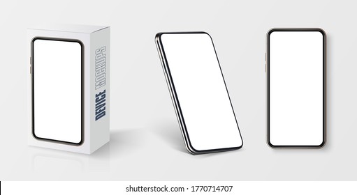 White cardboard rectangular box mockup - front view. Realistic smartphone mockup. Cellphone frame with blank display isolated templates. Vector illustration