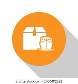 White Cargo ship with boxes delivery service icon isolated on white background. Delivery, transportation. Freighter with parcels, boxes, goods. Orange circle button. Vector Illustration