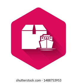 White Cargo ship with boxes delivery service icon isolated with long shadow. Delivery, transportation. Freighter with parcels, boxes, goods. Pink hexagon button. Vector Illustration