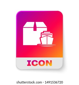 White Cargo ship with boxes delivery service icon isolated on white background. Delivery, transportation. Freighter with parcels, boxes, goods. Rectangle color button. Vector Illustration