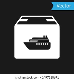 White Cargo ship with boxes delivery service icon isolated on black background. Delivery, transportation. Freighter with parcels, boxes, goods.  Vector Illustration