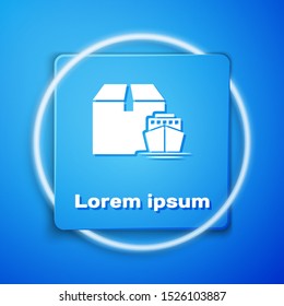 White Cargo ship with boxes delivery service icon isolated on blue background. Delivery, transportation. Freighter with parcels, boxes, goods. Blue square button. Vector Illustration