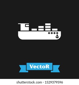 White Cargo ship with boxes delivery service icon isolated on black background. Delivery, transportation. Freighter with parcels, boxes, goods.  Vector Illustration