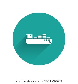 White Cargo ship with boxes delivery service icon isolated with long shadow. Delivery, transportation. Freighter with parcels, boxes, goods. Green circle button. Vector Illustration