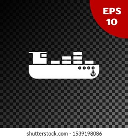 White Cargo ship with boxes delivery service icon isolated on transparent dark background. Delivery, transportation. Freighter with parcels, boxes, goods.  Vector Illustration