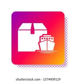 White Cargo ship with boxes delivery service icon isolated on white background. Delivery, transportation. Freighter with parcels, boxes, goods. Square color button. Vector Illustration