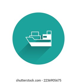 White Cargo ship with boxes delivery service icon isolated with long shadow background. Delivery, transportation. Freighter with parcels, boxes, goods. Green circle button. Vector