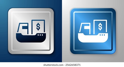 White Cargo ship with boxes delivery service icon isolated on blue and grey background. Delivery, transportation. Freighter with parcels, boxes, goods. Silver and blue square button. Vector