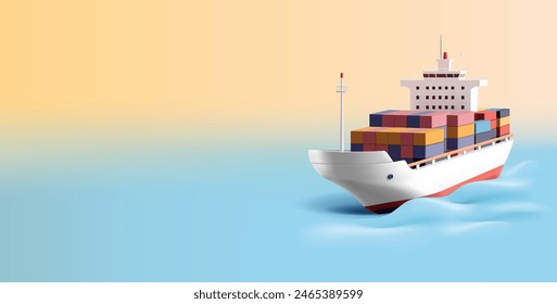 White cargo ship with containers in sea, ocean, 3D. Realistic image for maritime international trade concepts on water. Vector