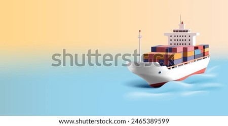 White cargo ship with containers in sea, ocean, 3D. Realistic image for maritime international trade concepts on water. Vector