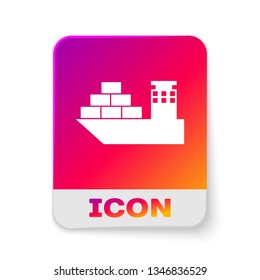 White Cargo ship icon isolated on white background. Rectangle color button. Vector Illustration